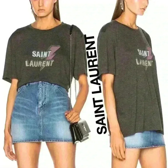 SAINT LAURENT Lightning Bolt Logo Distressed Boyfriend Tee - Picture 1 of 16